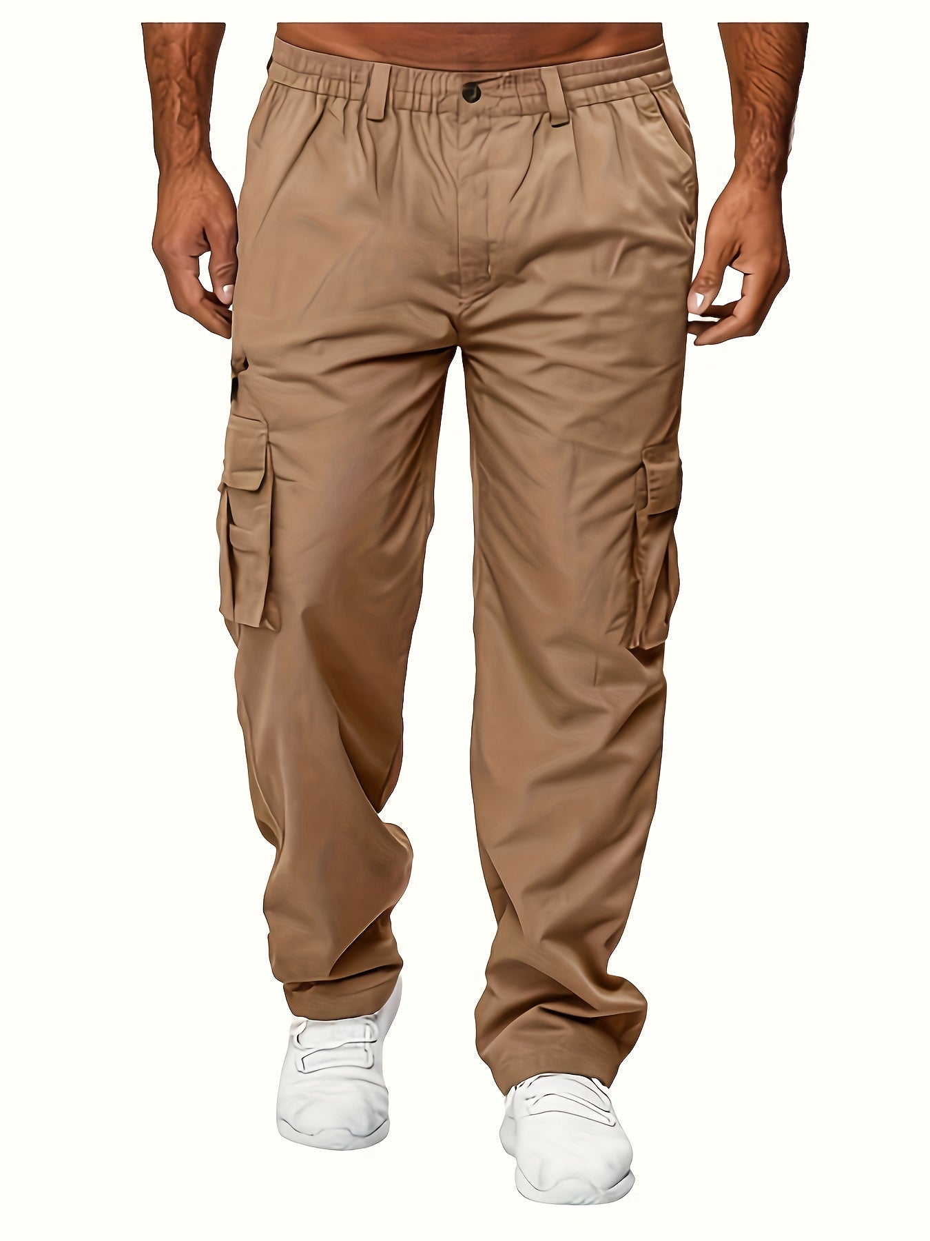 Men's Khaki Cargo Pants with Multiple Pockets Durable Polyester Elastic Waistband All-Season Casual Sports Plus Size