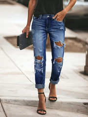 Jeans rectos rasgados de talla grande para mujer con elastano