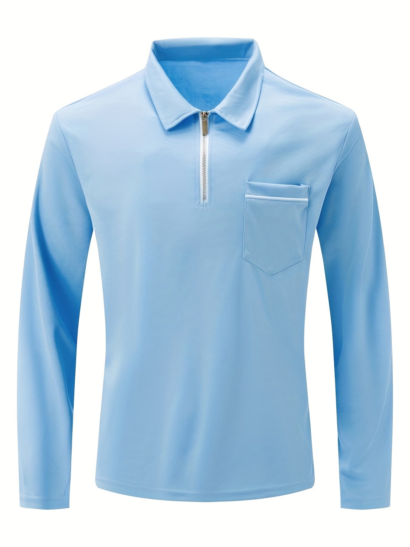 Men's Long Sleeve Solid Zipper Shirt with Lapel Collar and Chest Pocket for Spring Fall Outdoor Wear