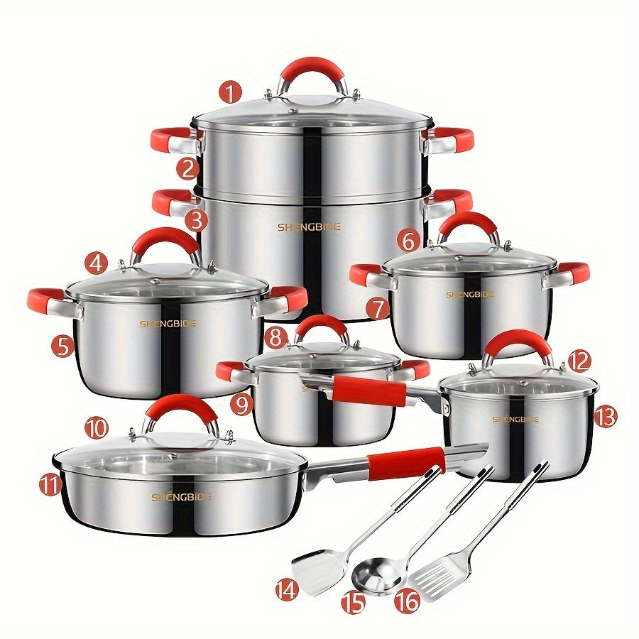 16-Piece Stainless Steel Cookware Set with Pots, Pans, Lids, and Utensils