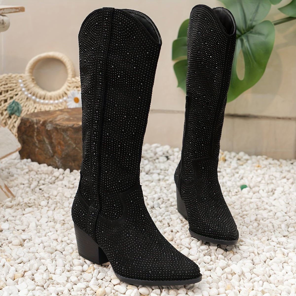 Women's Rhinestone Decor Chunky Heel Dress Boots with Side Zipper