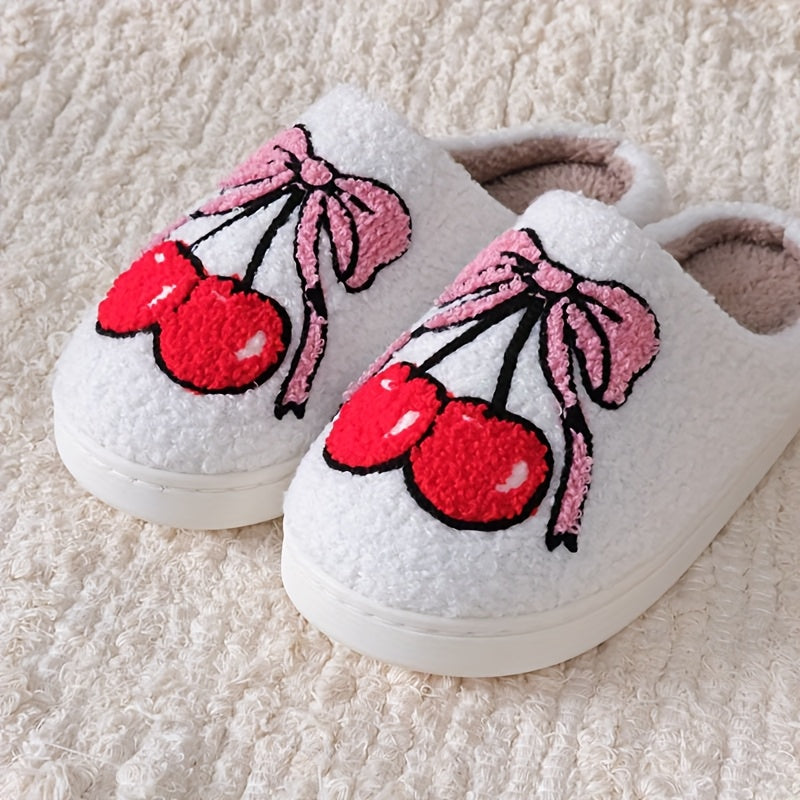 Unisex Plush Fluffy Slippers With Cherry Bowknot Pattern Indoor Fuzzy Shoes