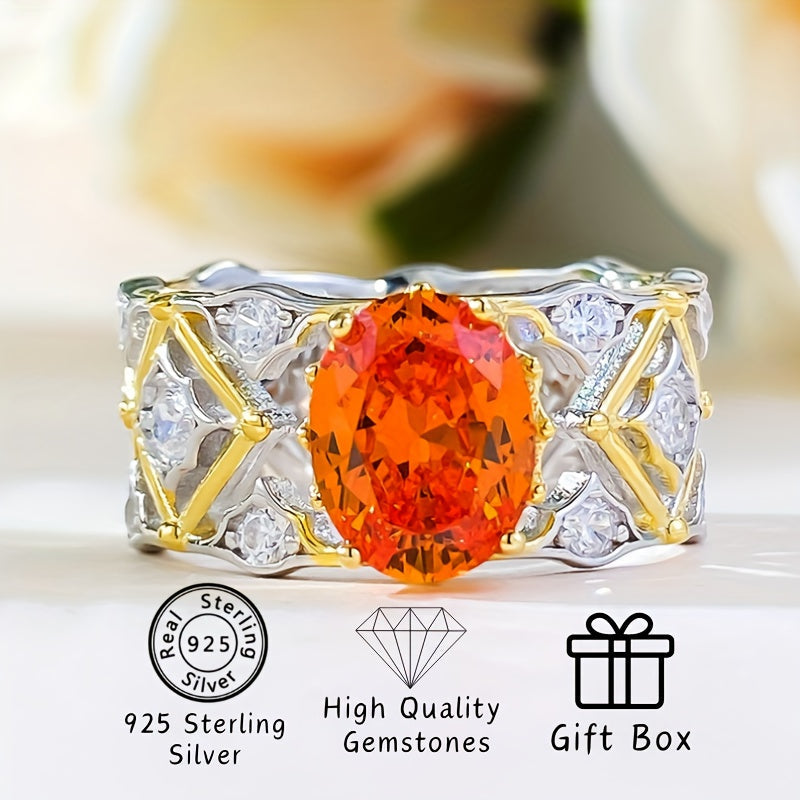Sterling Silver Ring with Synthetic Fanta Orange Oval Gemstone 7x9mm Vintage Style Jewelry for Women