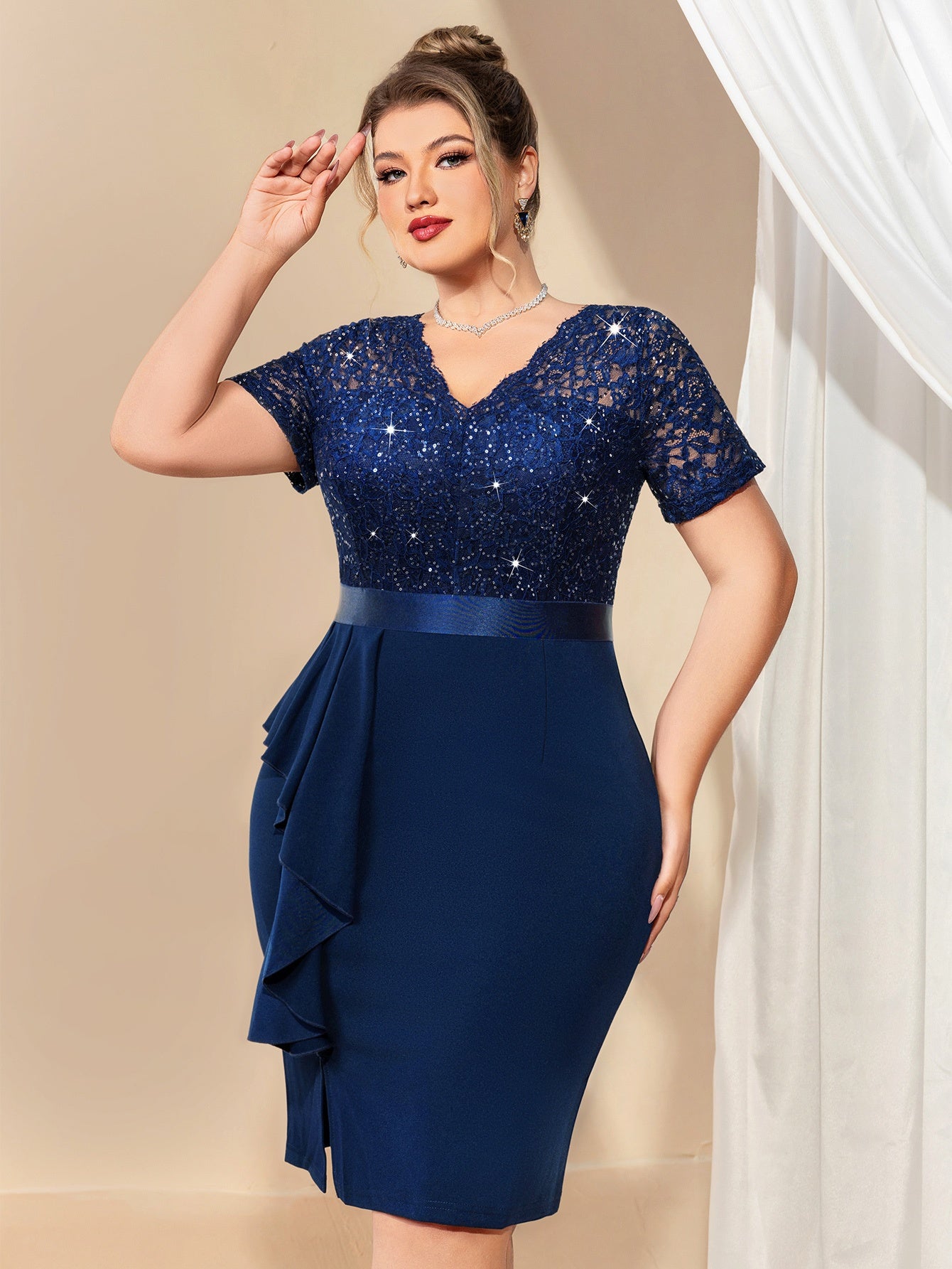 Plus Size Women's Sequin Lace Ruffle V-Neck Bodycon Dress Cocktail Party