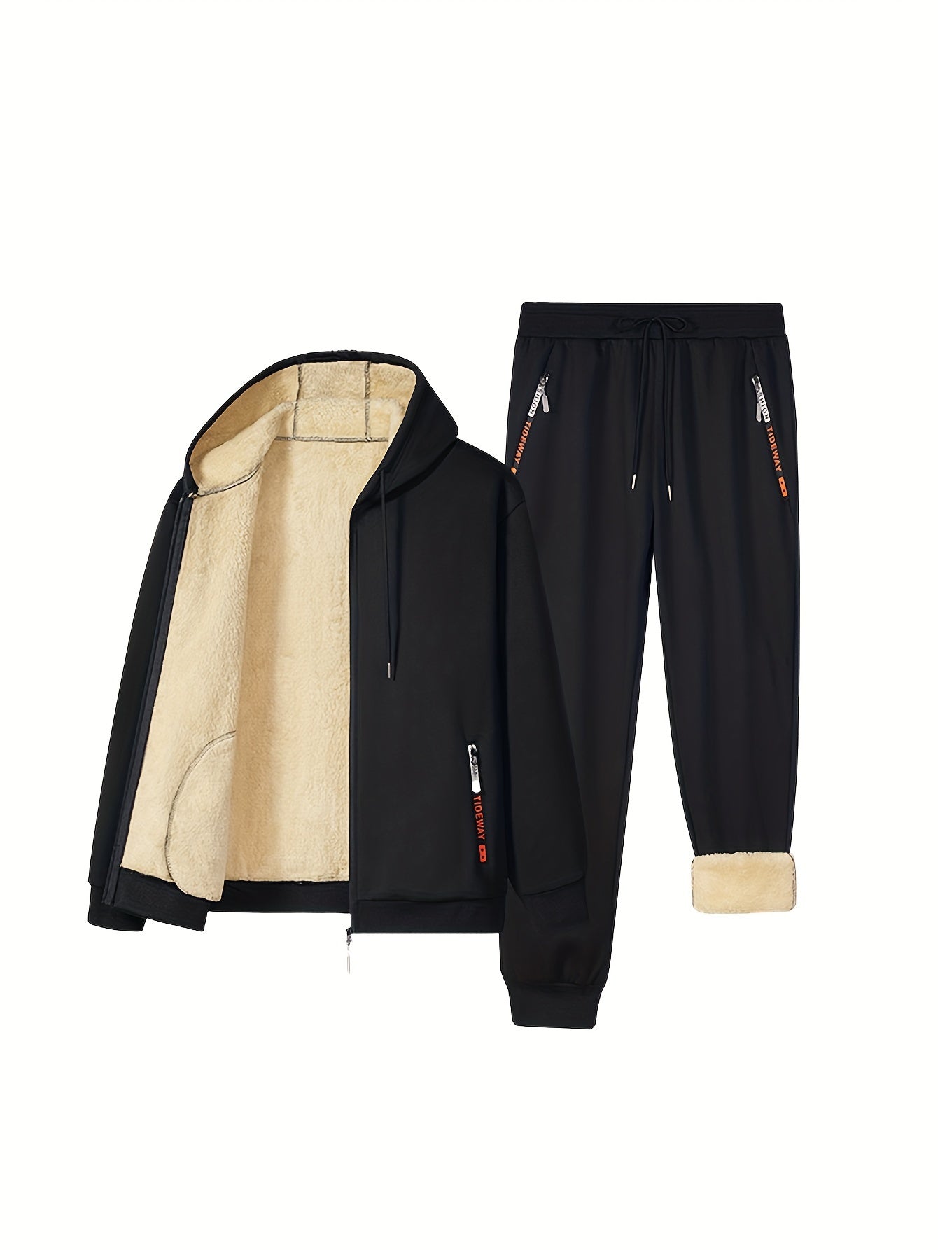 Men's Fleece Lined Tracksuit Set Hooded Zip-Up Coat and Drawstring Pants for Fall Winter