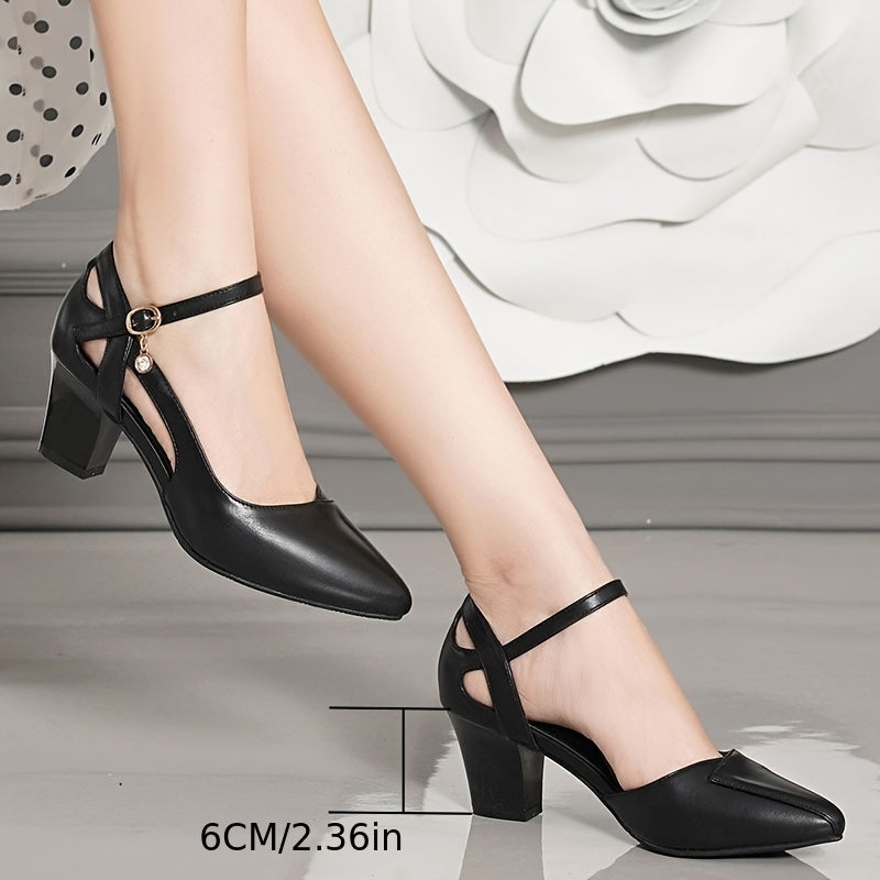 Women's Summer Sandals with Chunky Heel Pointed Toe Crystal Accents Faux Leather