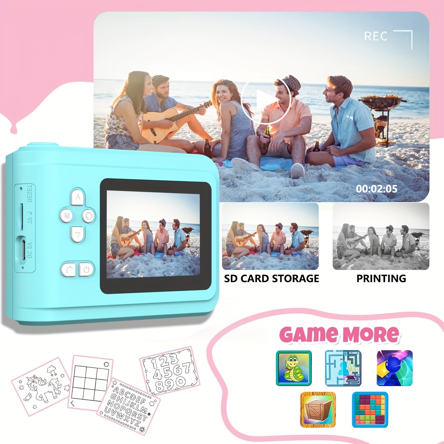 USB-Powered Instant Photo Printer with Rechargeable Battery and 2 Paper Rolls