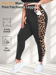 Leggings de mujer de talla grande con cintura alta y estampado de leopardo con bolsillos azul negro