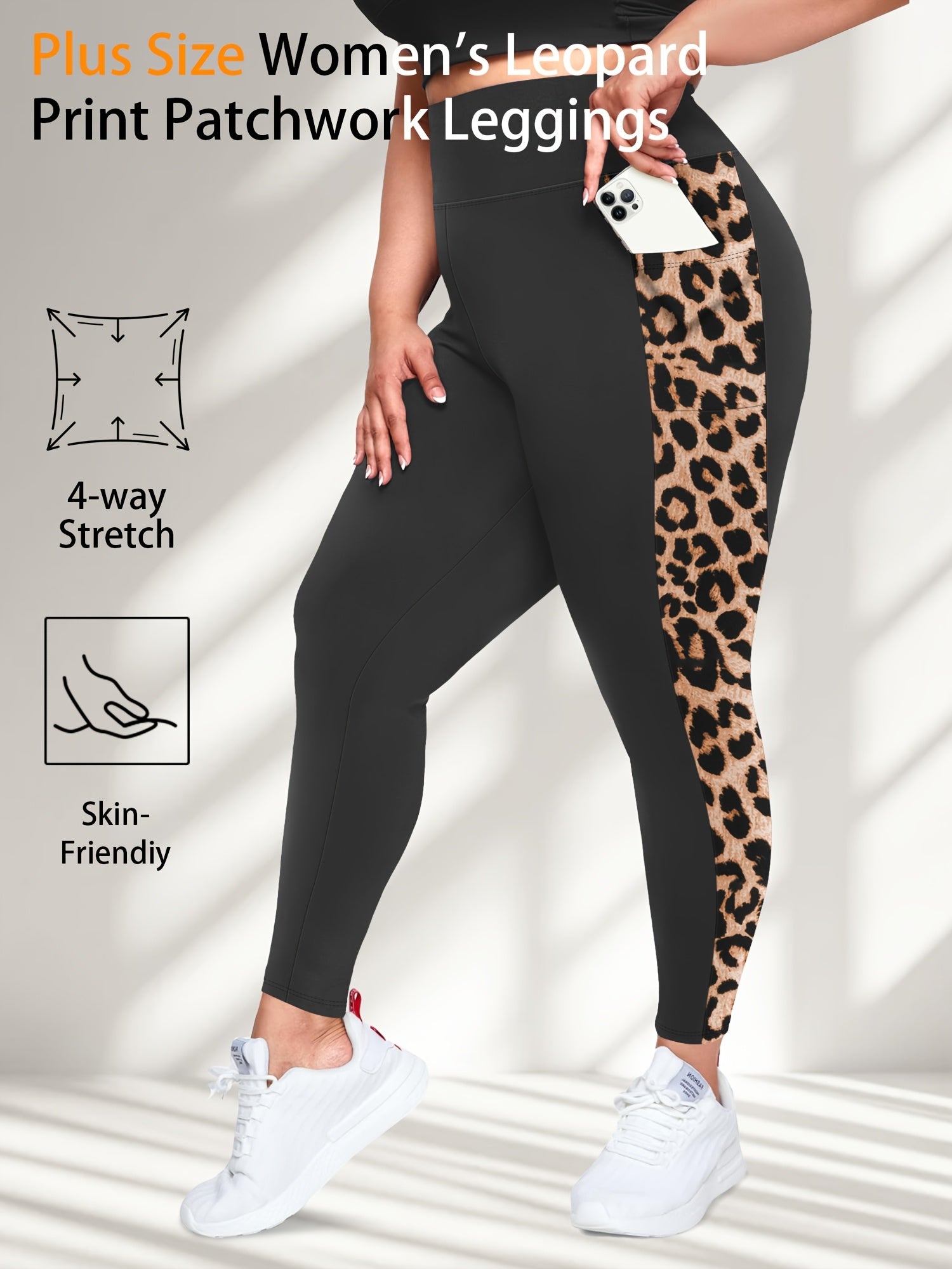 Leggings de mujer de talla grande con cintura alta y estampado de leopardo con bolsillos azul negro