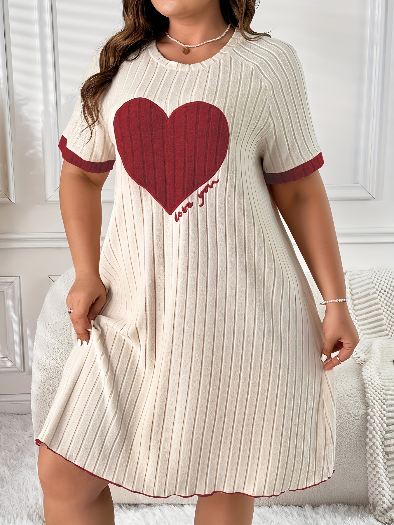 Women's Plus Size Color Block Heart Embroidered Sleep Dress Lounge Nightgown