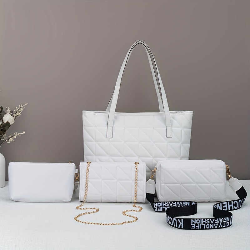 Lightweight Faux Leather Four-Piece Handbag Set with Rhombus Grid Design for Daily Use