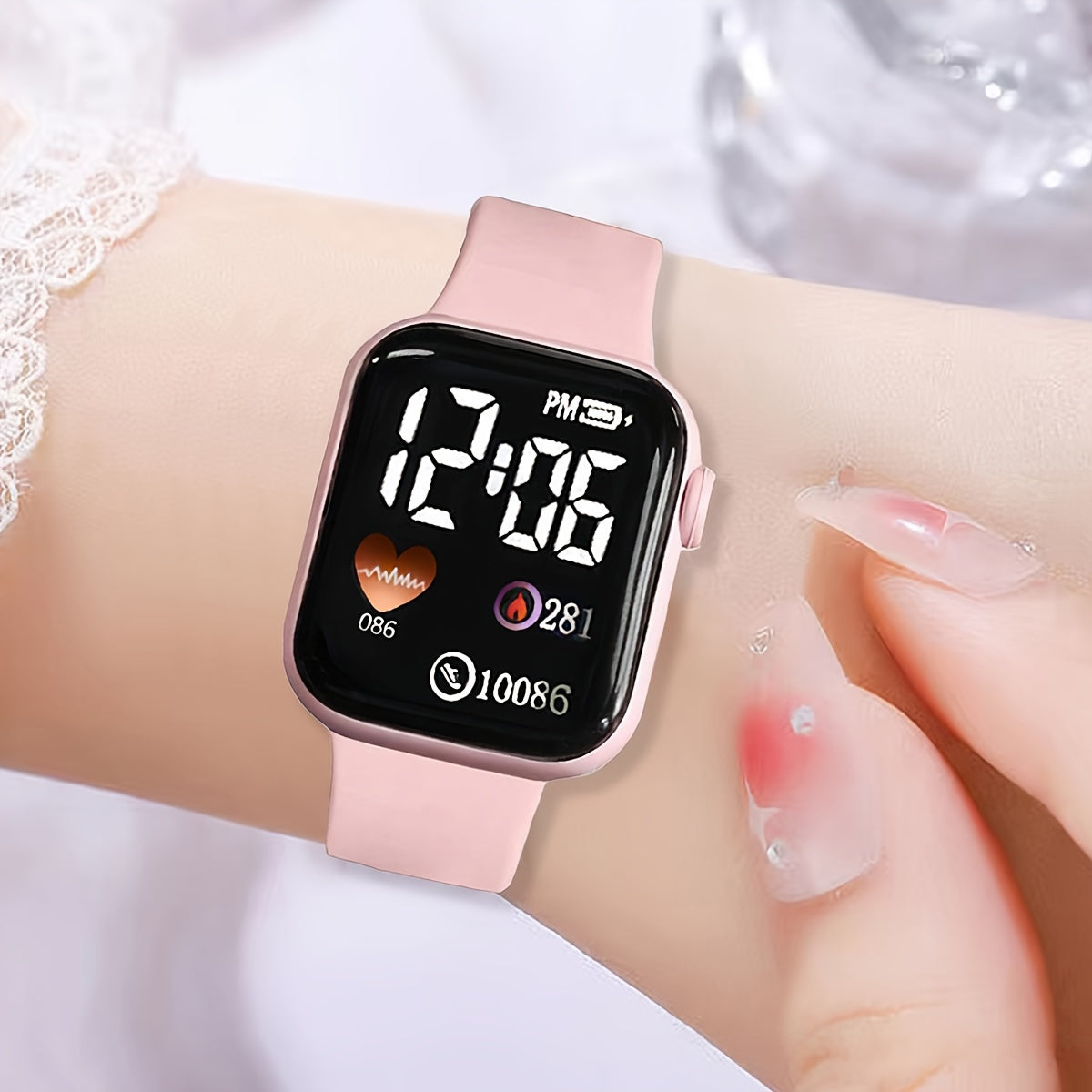 Set of 6 Women's Pink Silicone Digital Watches with Square Display and Plastic Cases
