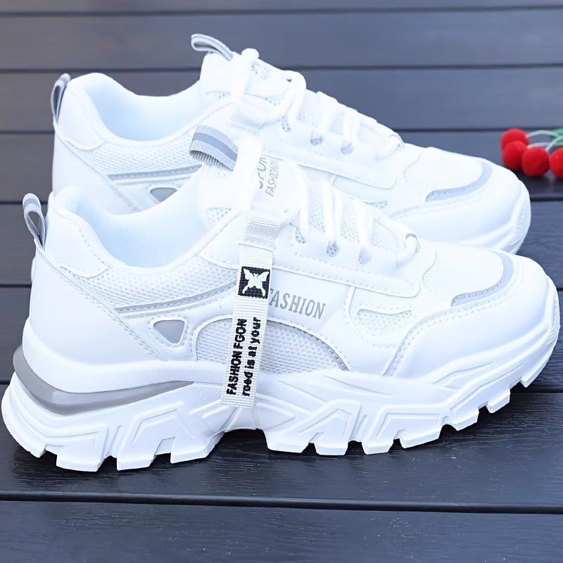Women's White Mesh Low Top Sneakers with Lace-Up Closure and PVC Sole