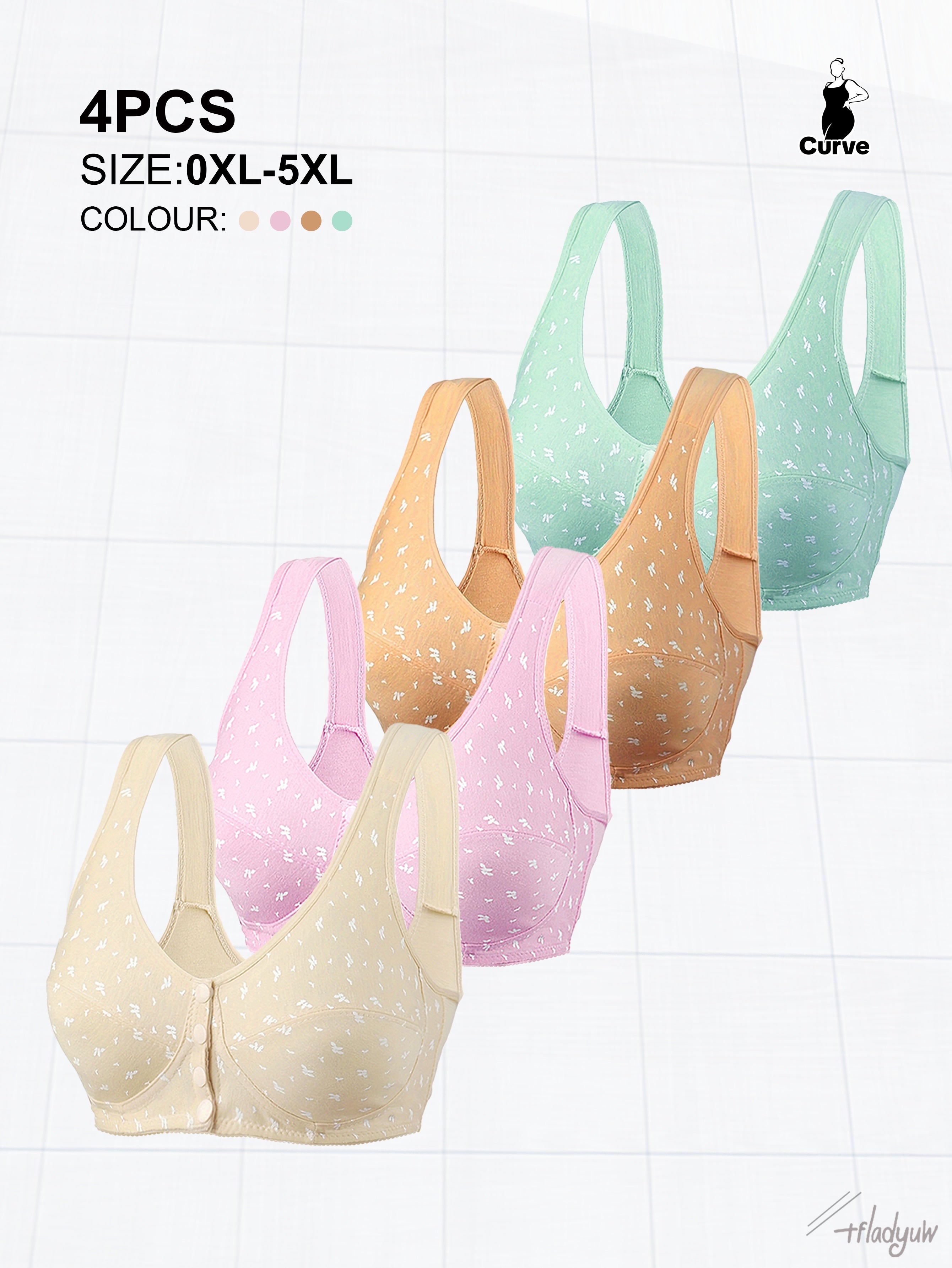 Women's Plus Size Wireless Bra Set with Buttons, Random Prints, Comfortable