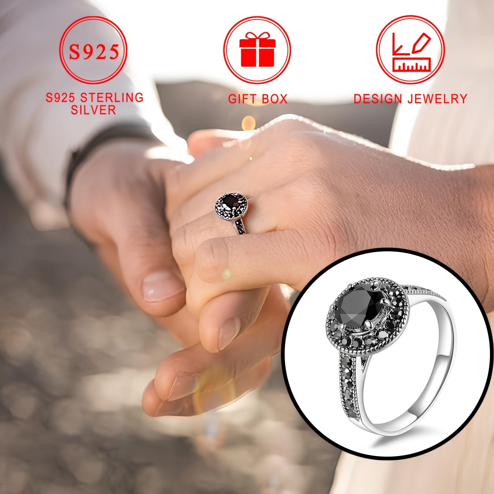 Anillo de plata de ley con zirconia cúbica negra para mujer, joyería elegante, regalo
