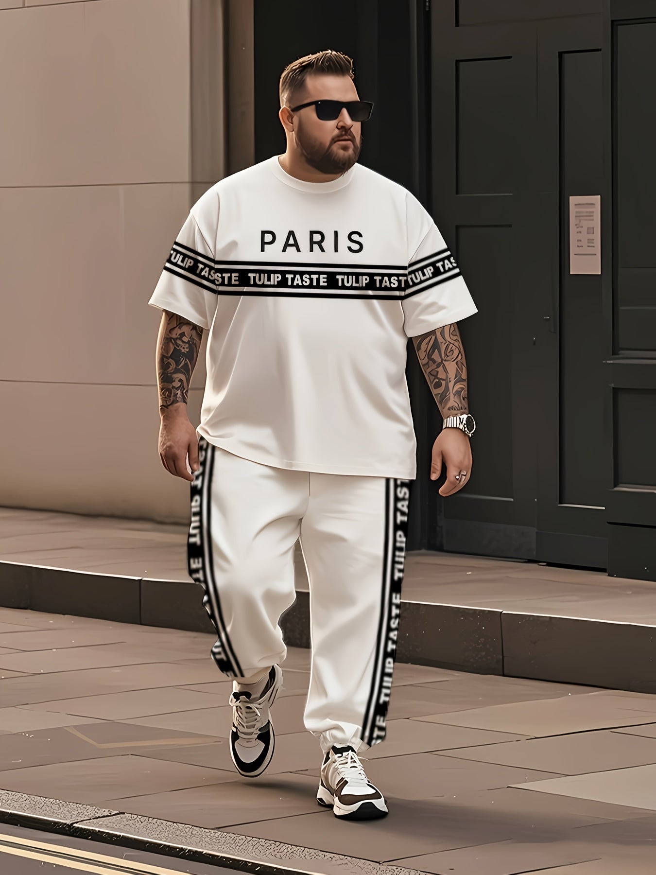 Plus Size Men's Urban Style Black and White Striped T-Shirt and Pants Set for Summer Streetwear