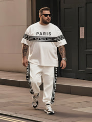 Plus Size Men's Urban Style Black and White Striped T-Shirt and Pants Set for Summer Streetwear