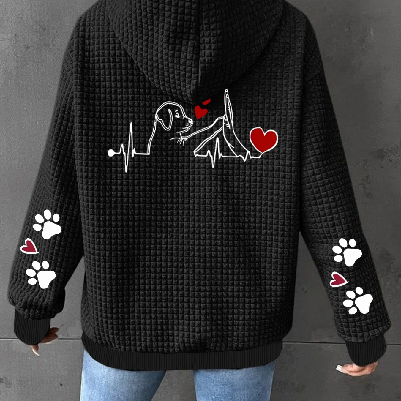 Women's Waffle Knit Hooded Jacket Black White Dog Print Casual Lightweight Outerwear
