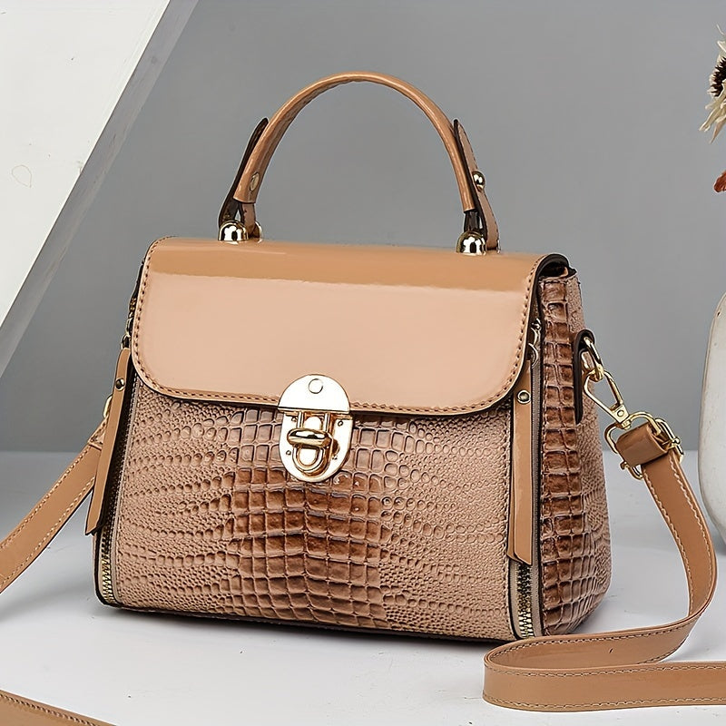 Women's Crocodile Pattern PU Handbag with Buckle Closure and Large Capacity for Shoulder Use