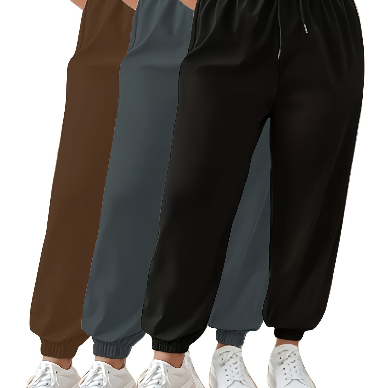 Plus Size Women's Jogger Pants 3 Pack Solid Color Polyester Blend Elastic Cuffs