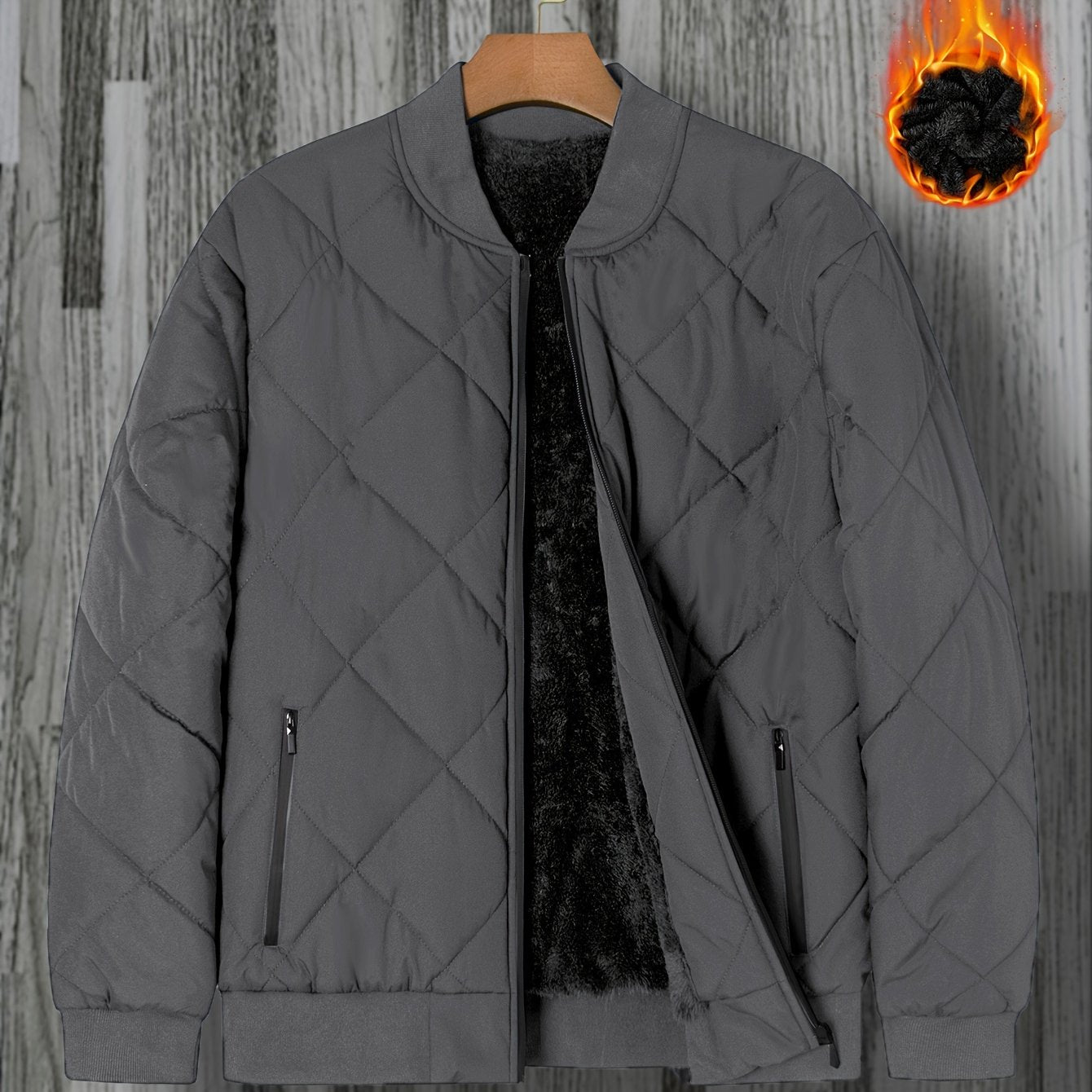 Men's Black Quilted Bomber Jacket with Zipper Closure Stand Collar for Fall Winter