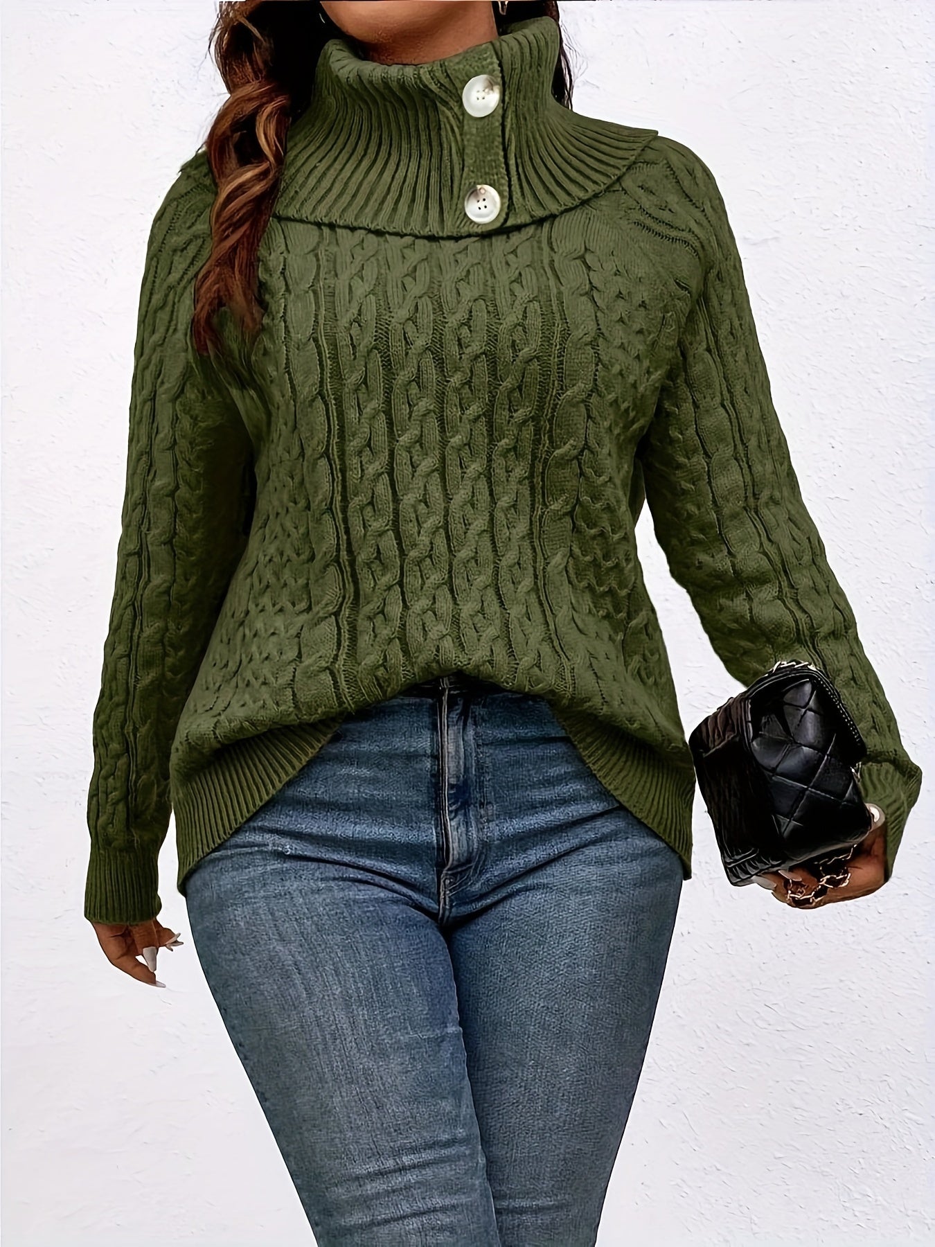 Suéter de cuello alto para mujer talla grande de punto cable de manga larga negro casual