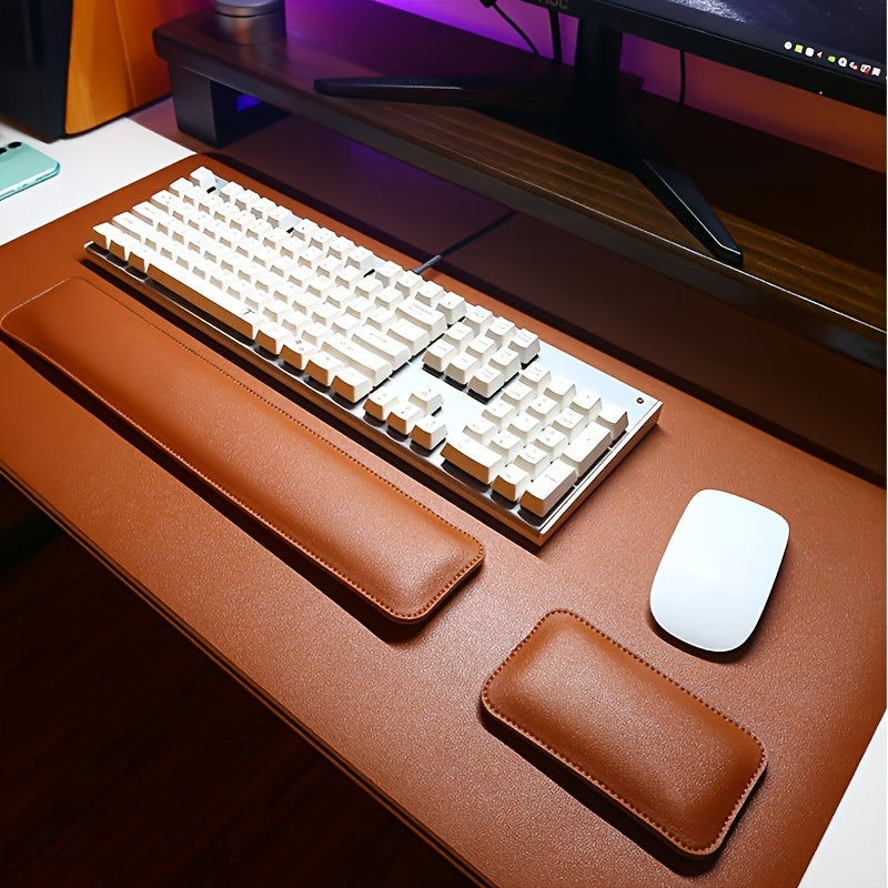 Ergonomic Faux Leather 3-Piece Desk Set with Large Mouse Pad Keyboard Mat and Wrist Support