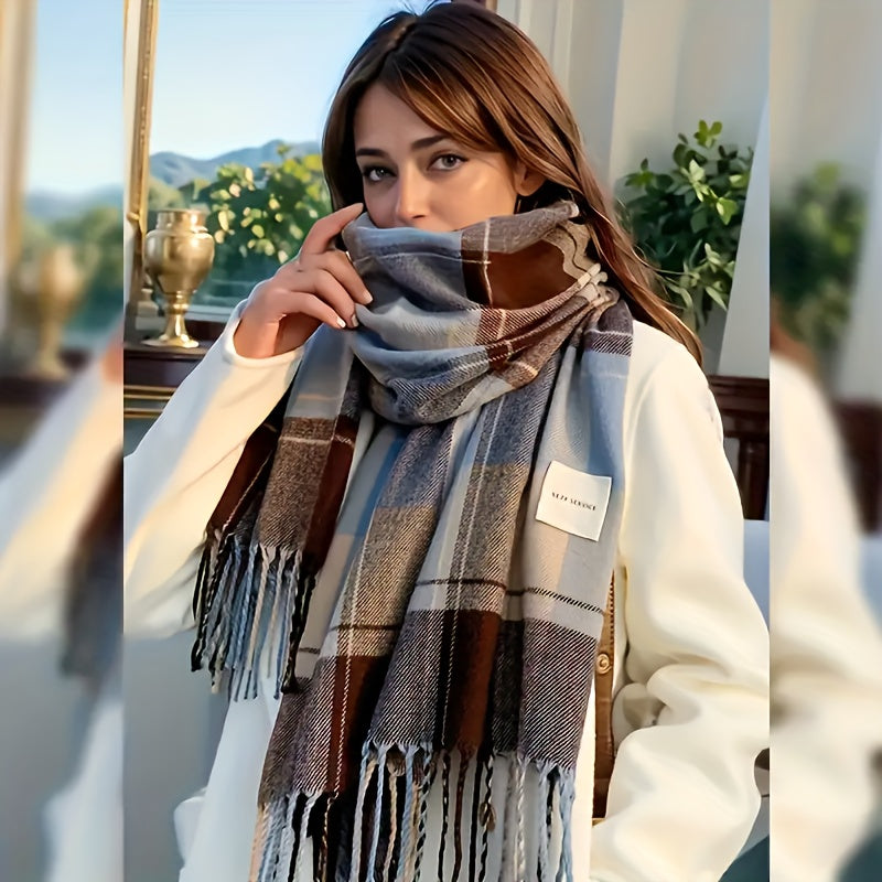 Women's Fashion Scarf 2024 Korean Style Plaid Shawl Polyester Blend Soft Warm Breathable