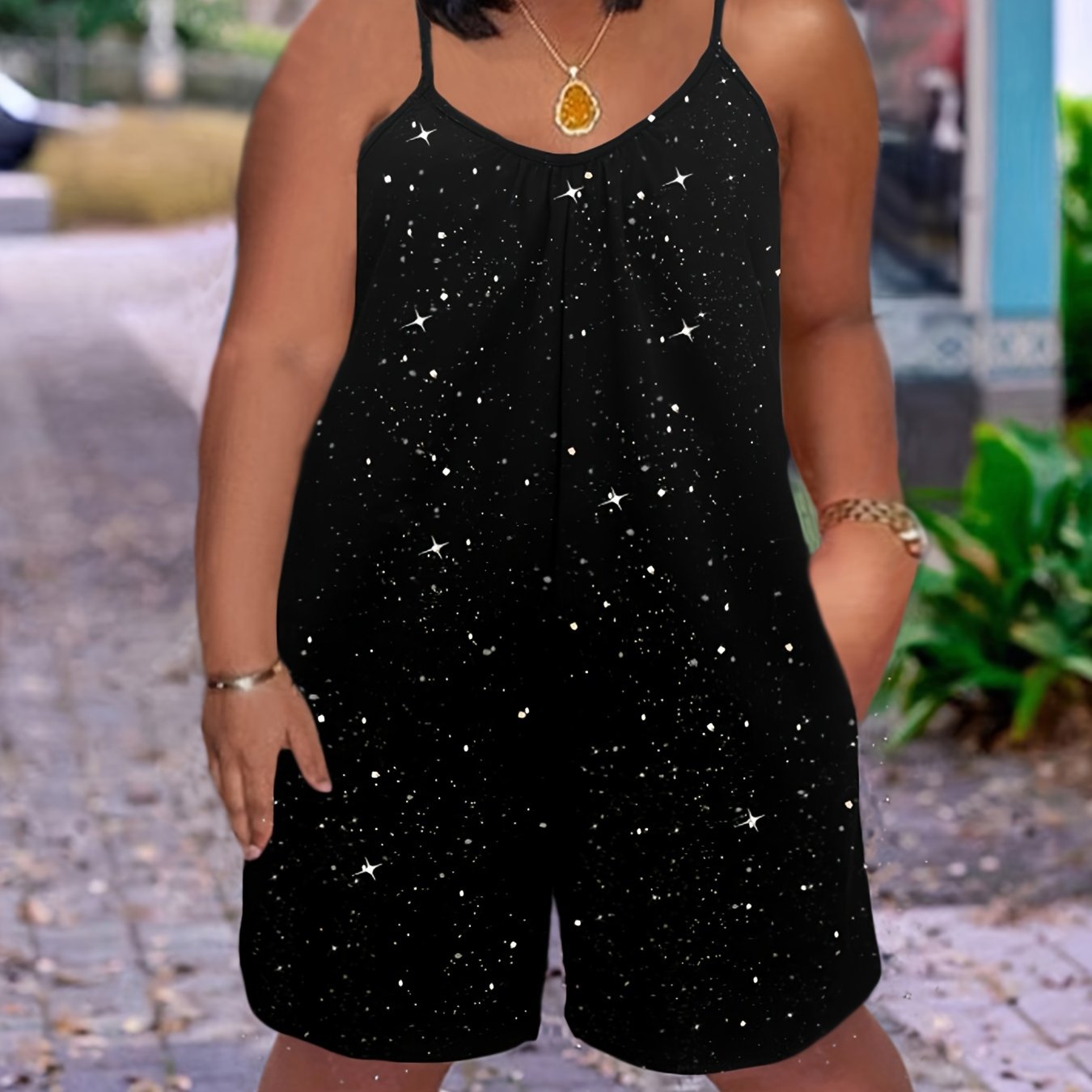 Women's Sleeveless Jumpsuit with Starry Night Print Navy Blue Casual Dress