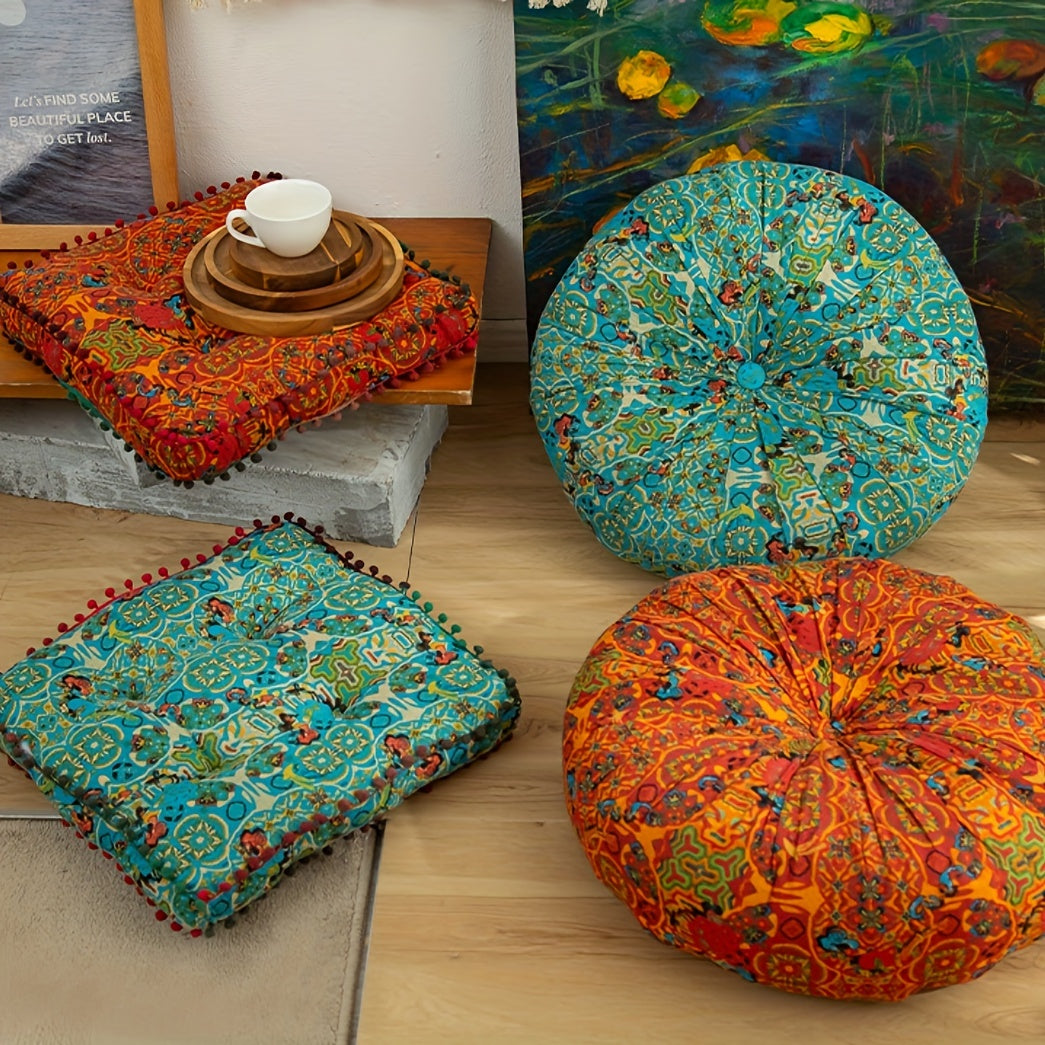 Boho Linen Cushion with Pom Poms, Round or Square Home Decor Pillow