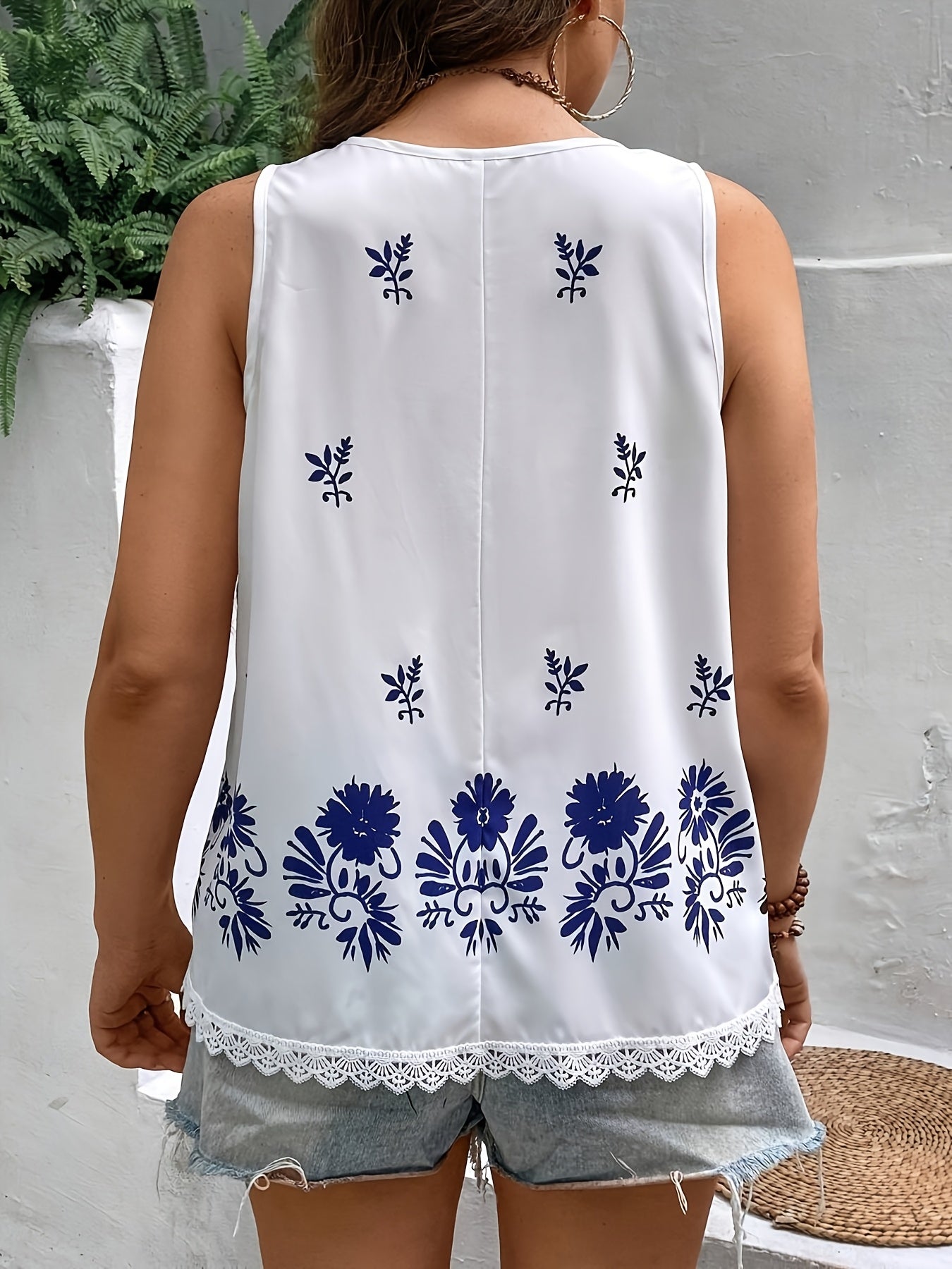 Blusa sin mangas de talla grande para mujer con encaje, estampado floral, primavera y verano, casual