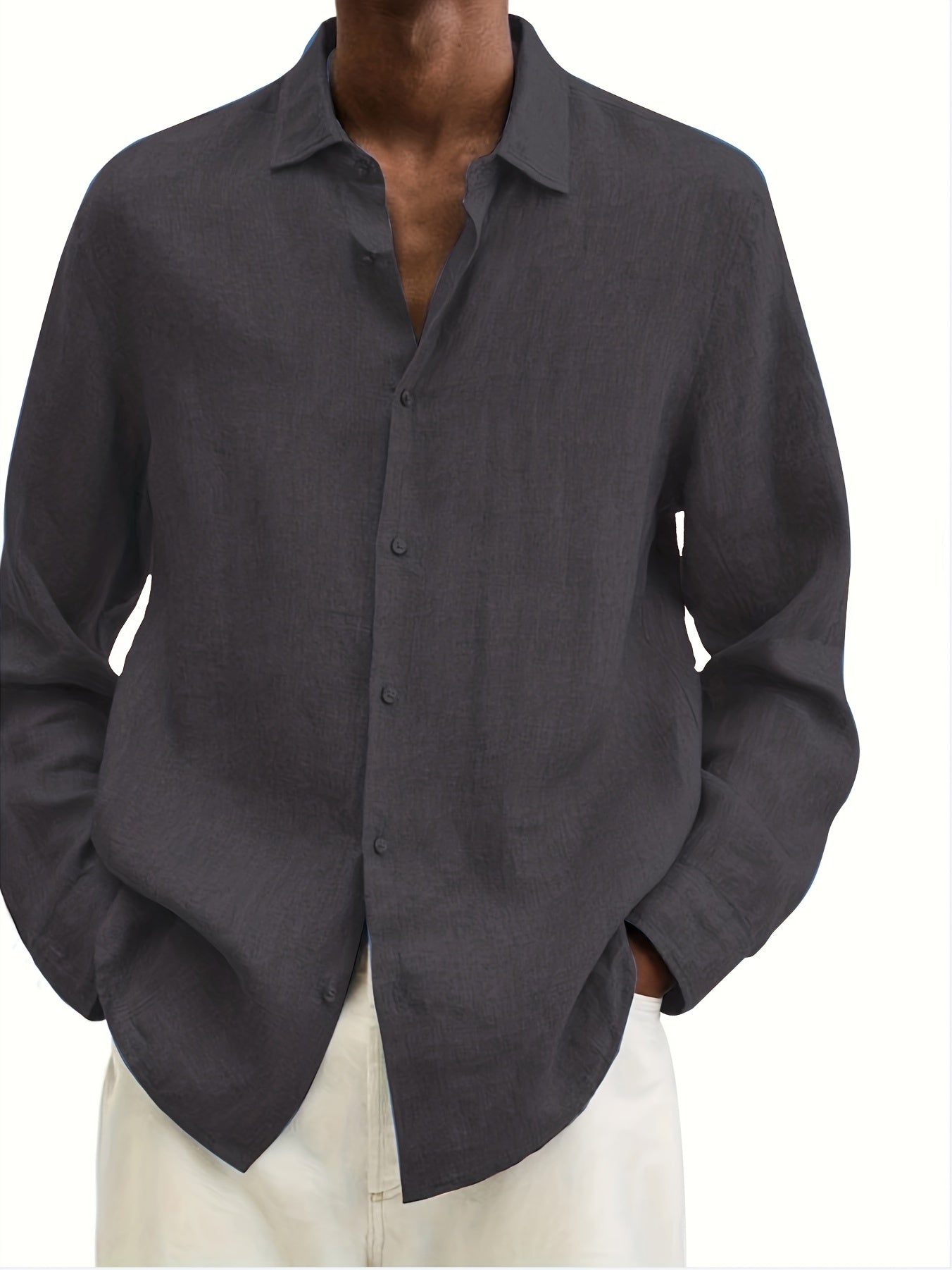 Men's Casual V-Neck Long Sleeve Button Shirt 100 Polyester All-Season Regular Fit