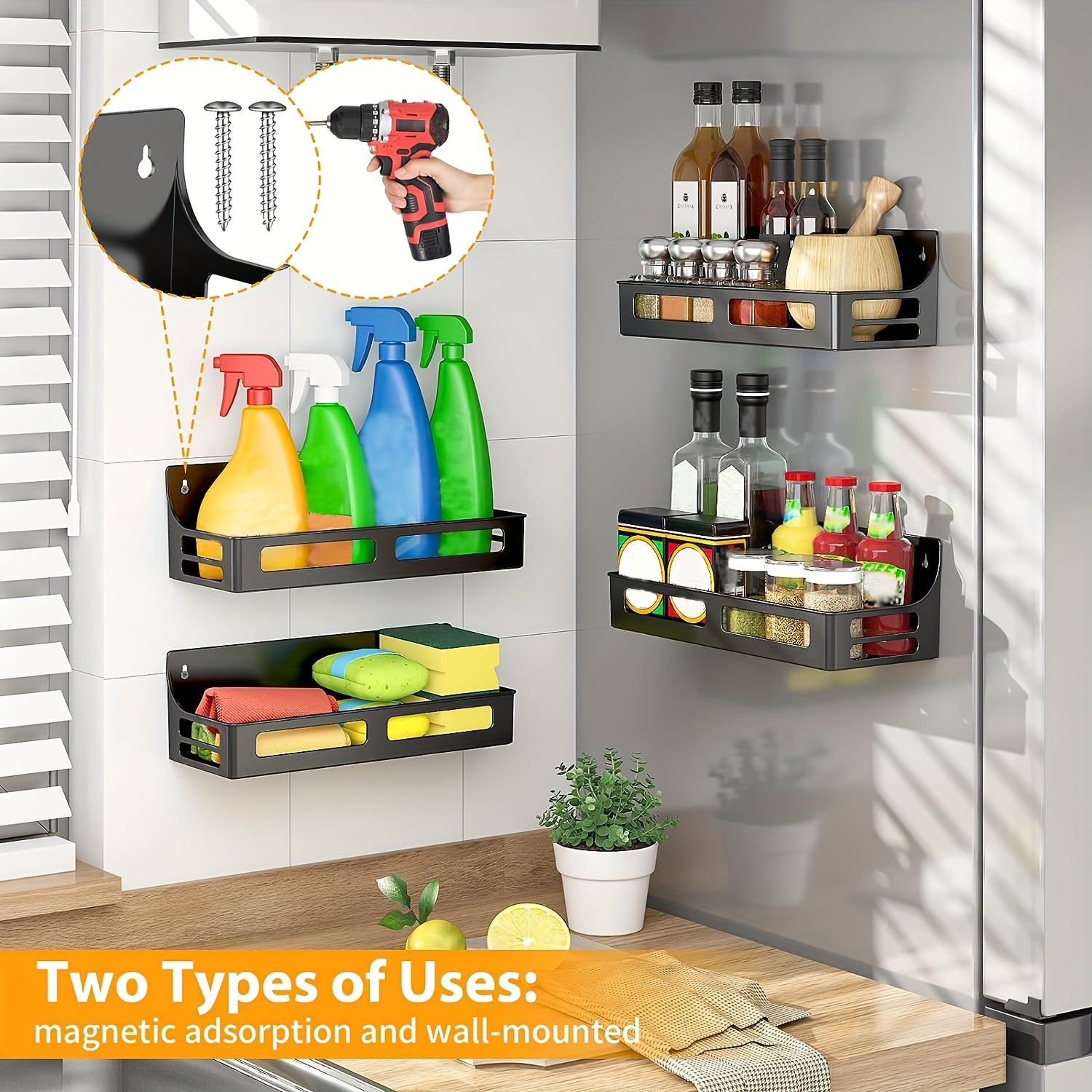 4 ta magnit ziravorlar tokchasi to'plami oshxona muzlatgichi uchun, yuqori sifatli plastik ziravorlar tashkilotchisi, magnit muzlatgich shelfi, oshxona tashkiloti va saqlash uchun ideal, zarur oshxona ta'minotlari