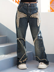 Женские джинсы большого размера с высокой посадкой, мягкий стрейч, цветные блоки и контрастные вставки