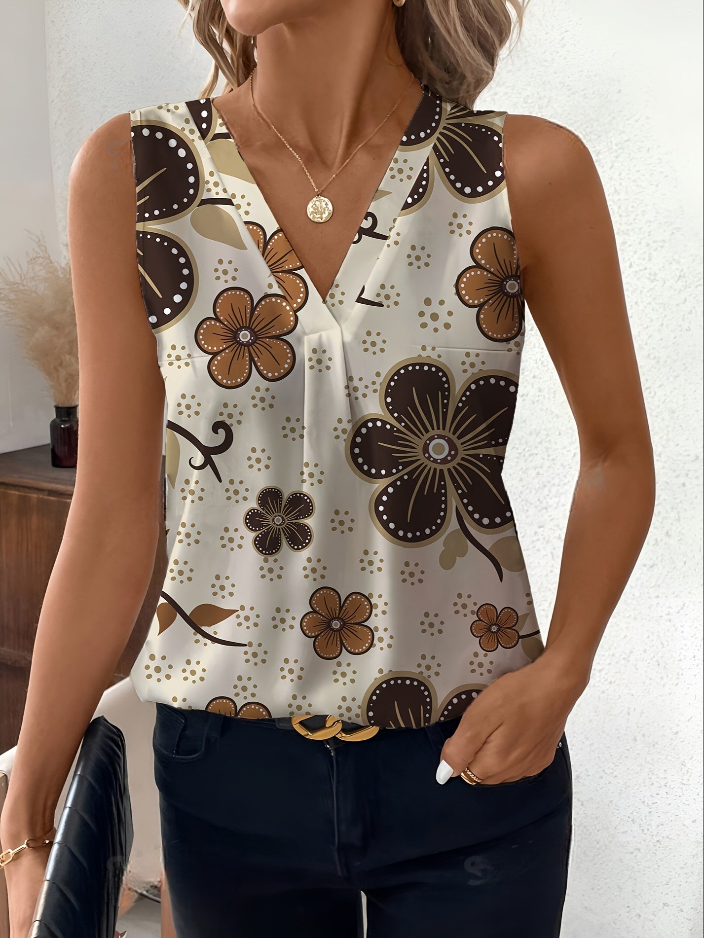 Plus Size Women’s Sleeveless Tank Top Floral Print V-Neck Summer Casual