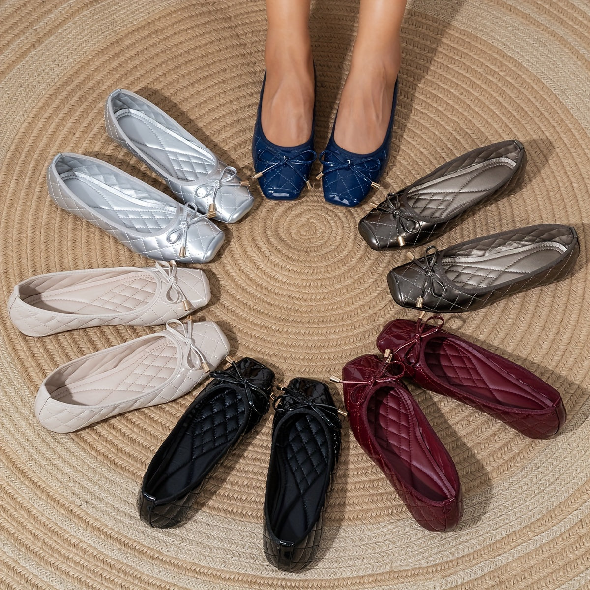 Zapatos planos de charol bordados para mujer con punta cuadrada, nudo de mariposa, cómodos para todas las estaciones
