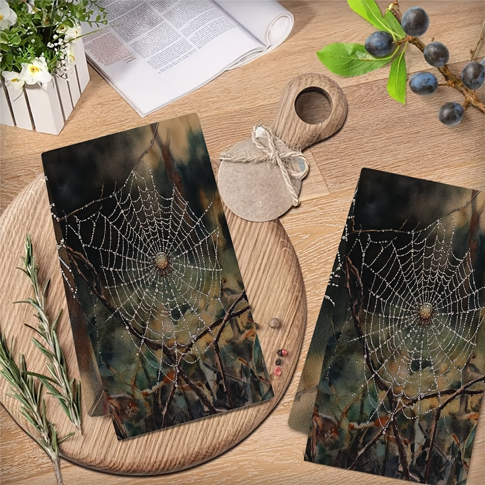 Set of 2 Ultra Plush Kitchen Towels Dewy Spider Web Design 40x60 cm Absorbent