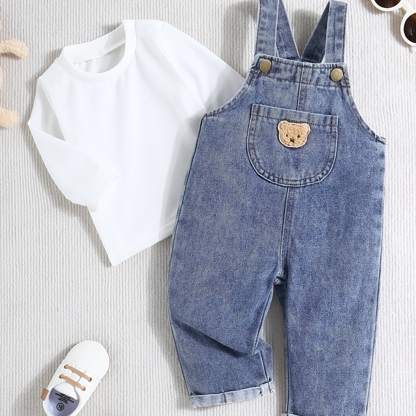 Boys Denim Overalls Set with Bear Design Casual Spring Fall Machine Washable Kids 0-3 Years