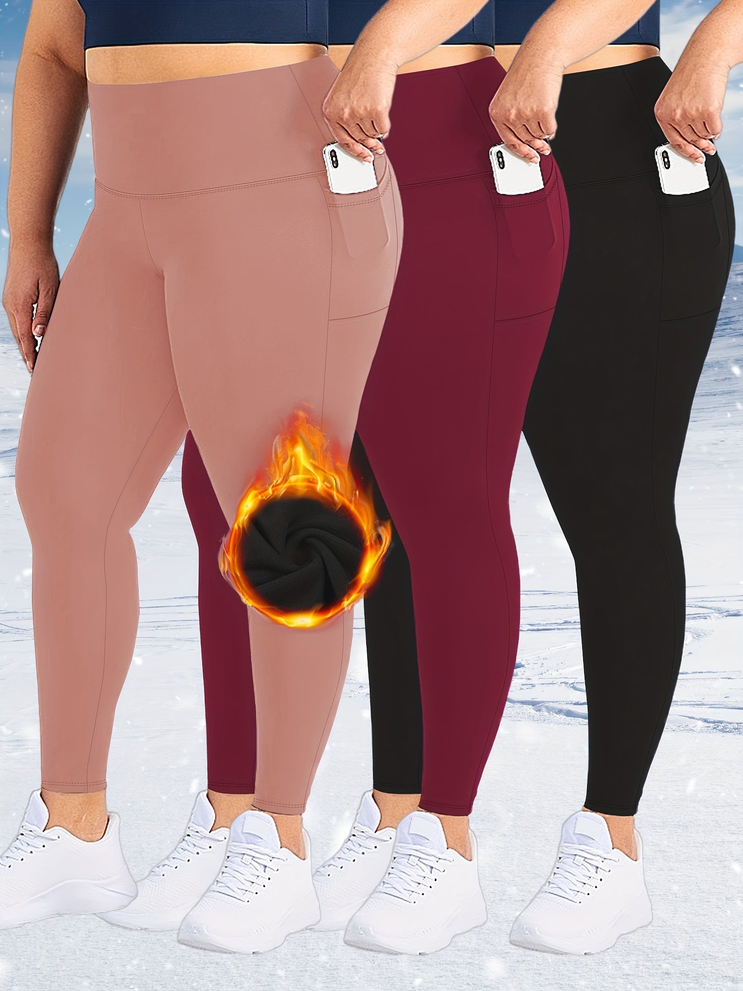 Plus Size High-Waist Fleece-Lined Leggings with Pockets for AutumnWinter Black Gray Burgundy