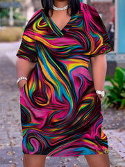 Summer Printed Dress for Women V-Neck All Over Print Medium Stretch Knit Fabric