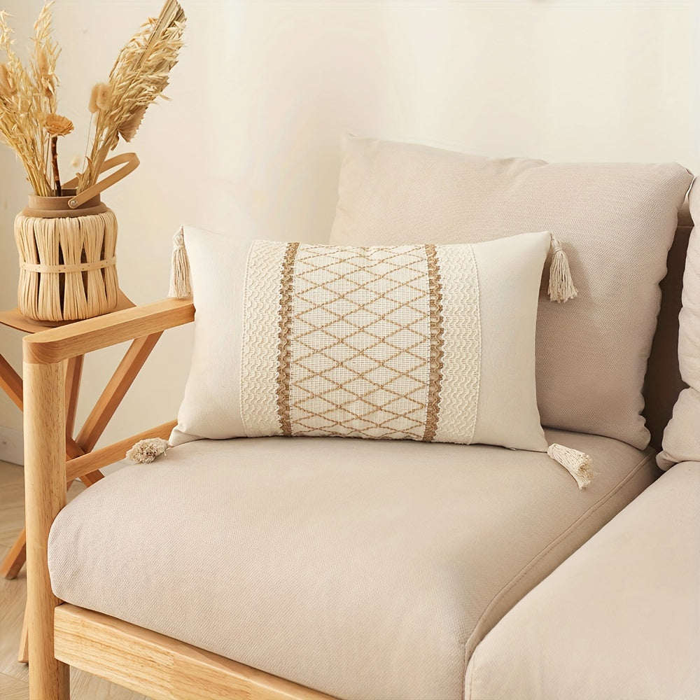 Bohemian Fringe Pillow Cover Geometric Pattern Orange Beige White Cushion Case for Sofa Decor