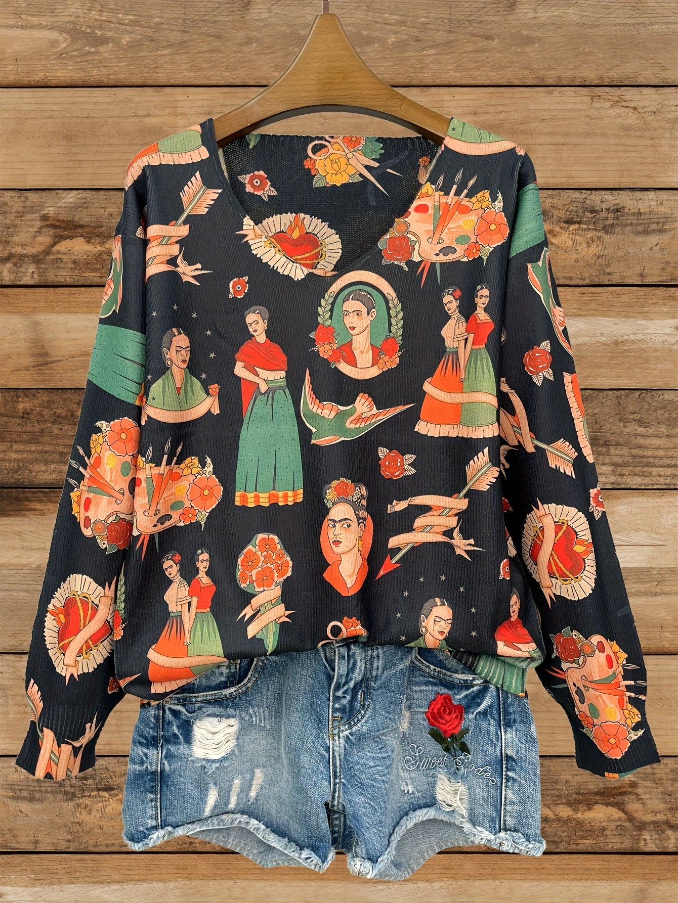 Suéter de mujer de talla grande ligero con escote en V y estampado floral, suéter casual