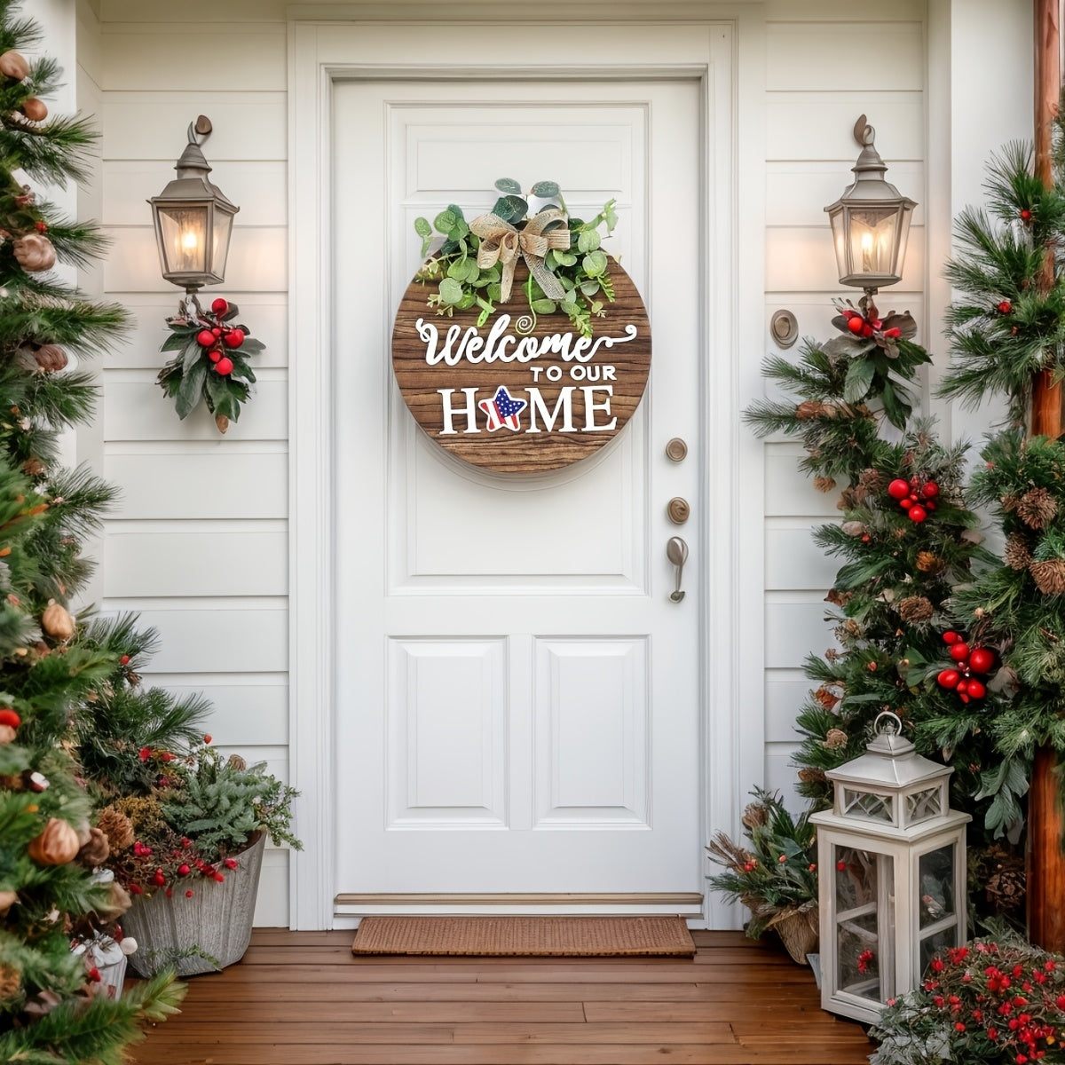 Round Wooden Door Hanger with Garland Rustic Welcome Sign Farmhouse Porch Decor All Seasons