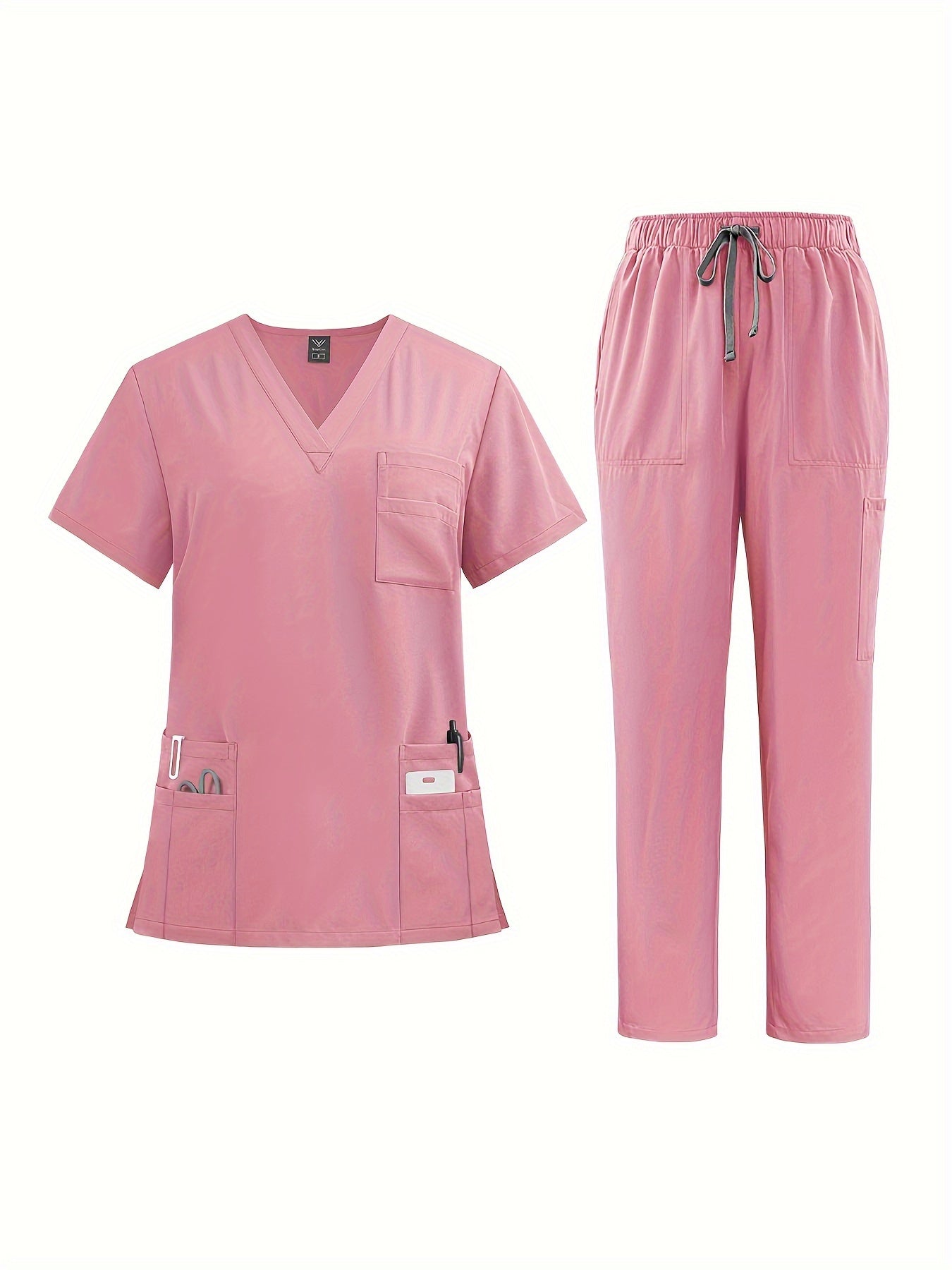 Polyester Spandex Scrubs Set with V-Neck Shirt and Straight-Leg Pants for Nurses and Surgeons