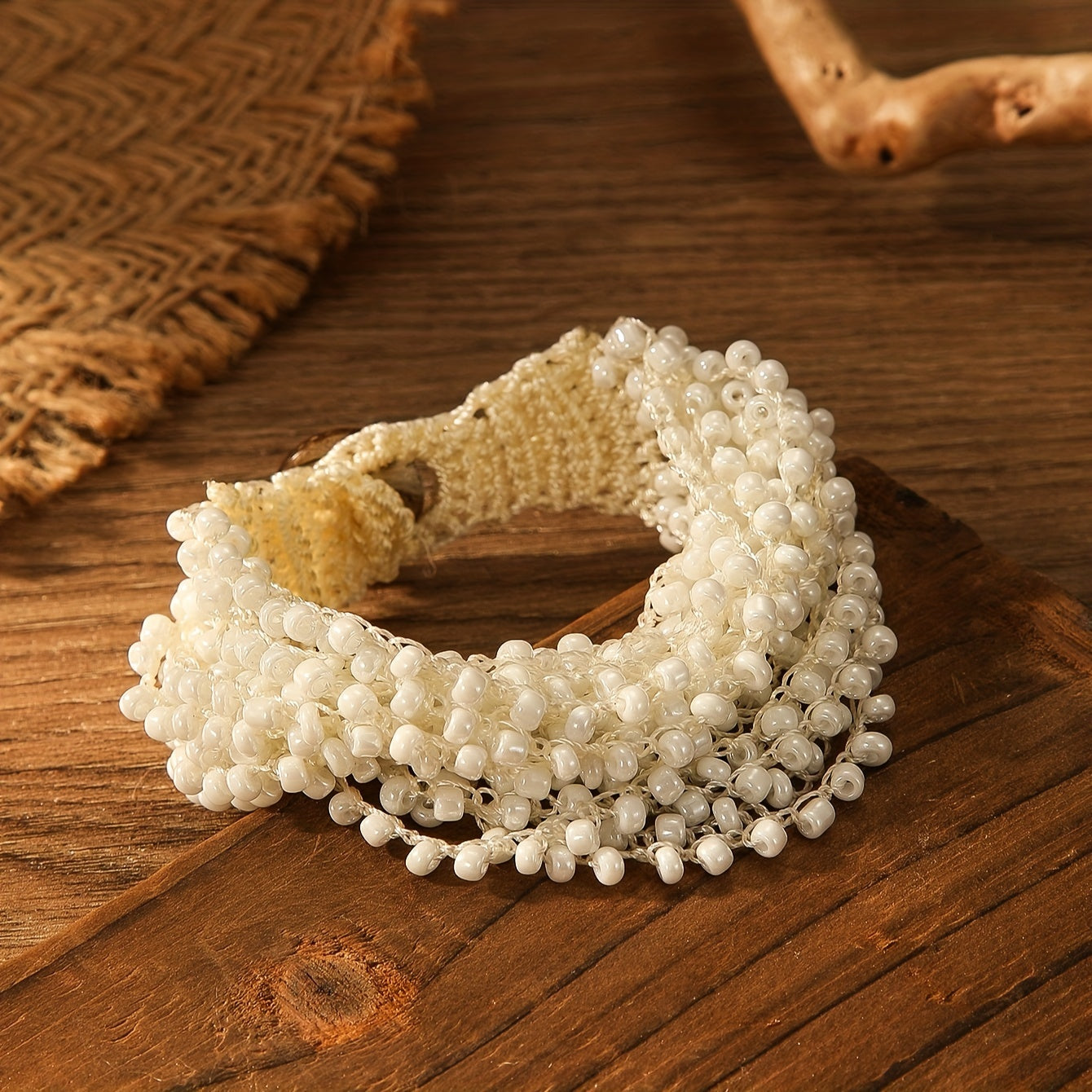 Handcrafted Beaded Bohemian Style Bracelet with White Crochet Hook Charm for Women