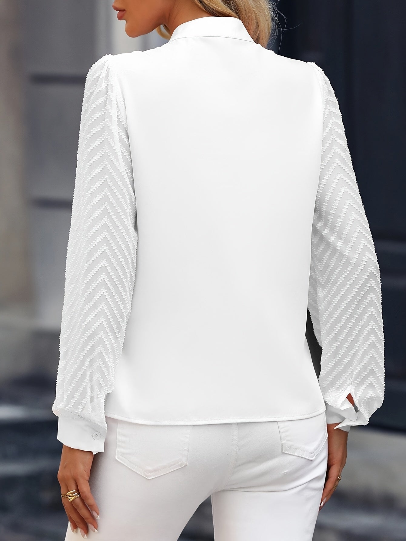 Women's V-Neck Blouse with Chiffon Sleeves Polyester Woven All-Season Long Sleeve Button-Up Top