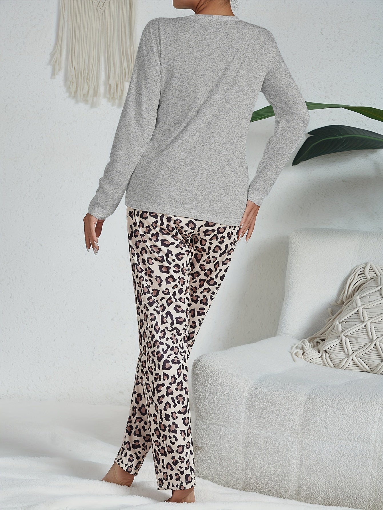 Women's Pajama Set with Long Sleeve Heart Print Top and Leopard Pattern Pants in Polyester