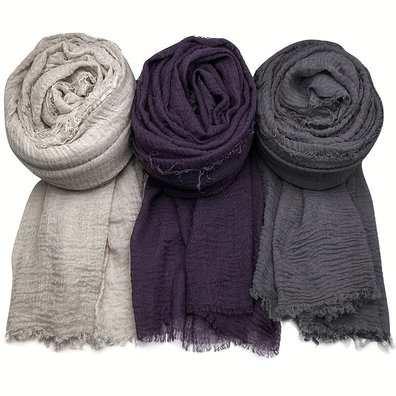 Set of 3 Solid Color Breathable Sunscreen Scarves with Fringe for Women