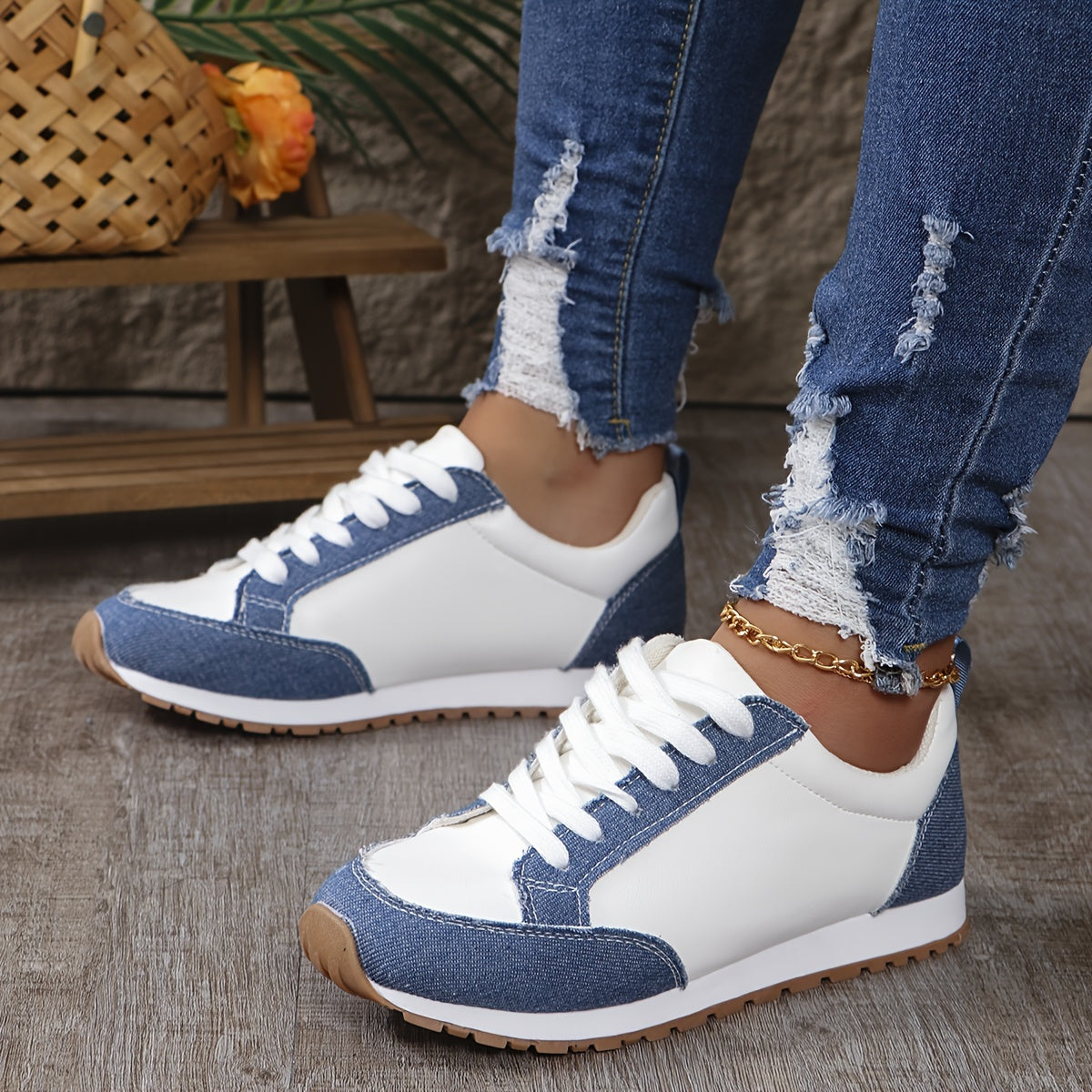 Women Blue Fabric and White PU Slip-On Sneakers Universal Breathable Low Top Comfort