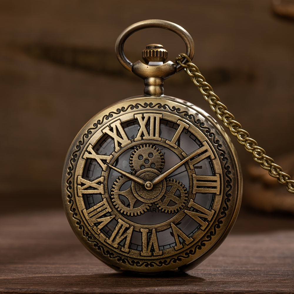 Large Hollow Quartz Pocket Watch with Roman Numerals and Mechanical Gear Design